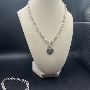 Sterling Silver 925 Heart Charm Toggle Necklace and Bracelet